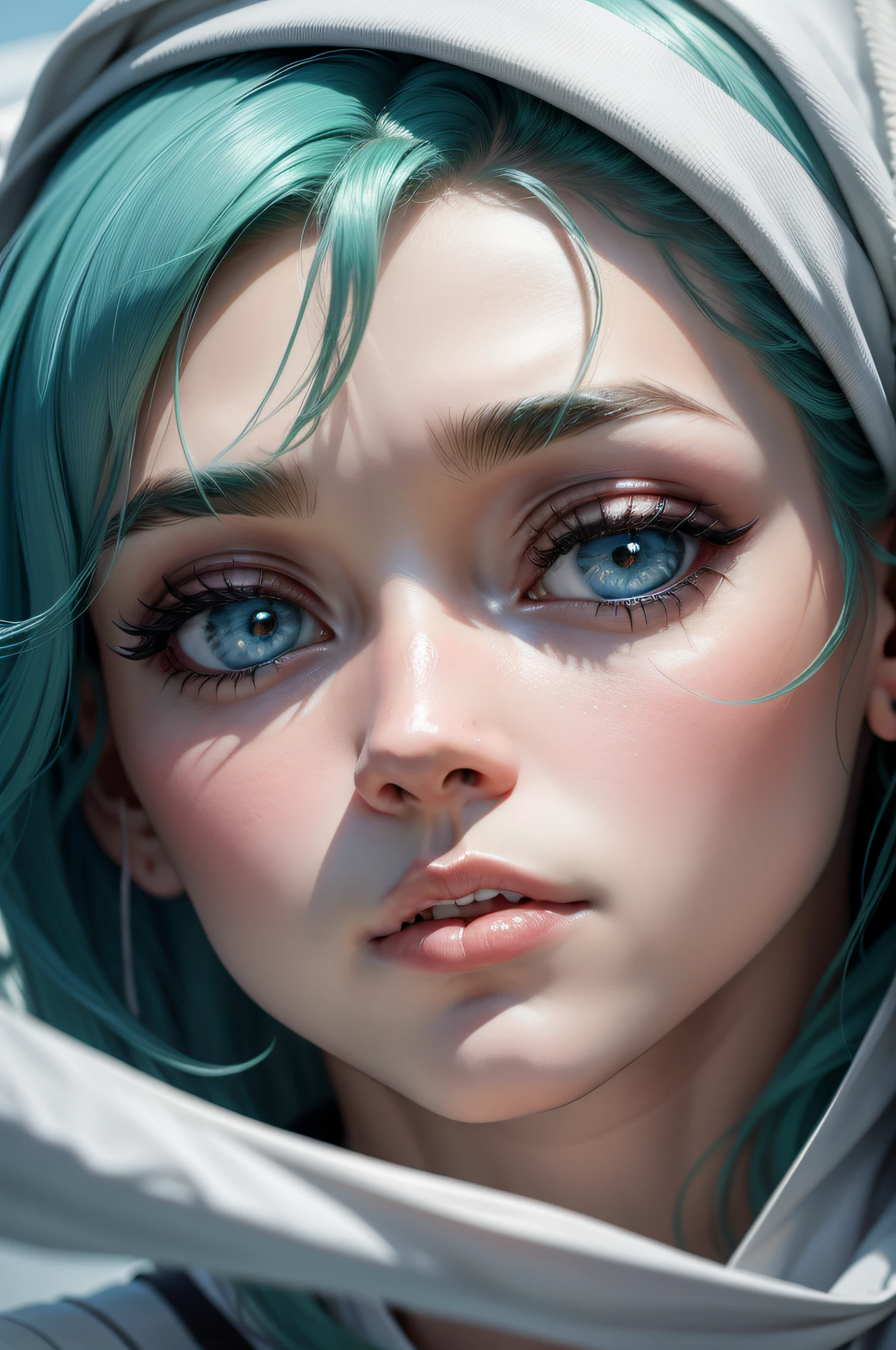 Draw a Nordic muse, olhos verdes, 1,74m de altura, 60kg, in a frozen setting, cabelos dourados como o sol, vestida com um longo manto azul e prateado, segurando um martelo poderoso, rodeada por flocos de neve brilhantes, 28 anos de idade, mandibula marcada, olhos pequenos