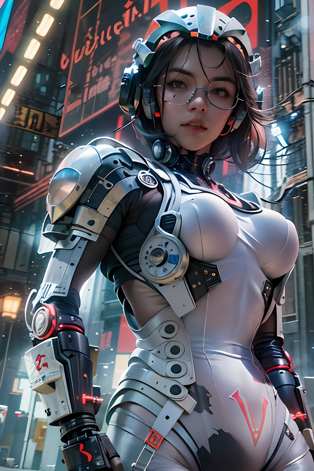 ((best quality)), ((masterpiece)), ((realistic)), (detailed), (photorealistic:1.5), a futuristic girl, (thick body), (white bodysuit), lights on armor, cybernetic headwear, looking at viewer, dynamic pose, post apocalyptic, destroyed city background, buildings on fire, science fiction, hdr, ray tracing, nvidia rtx, super-resolution, unreal 5, subsurface scattering, pbr texturing, post-processing, anisotropic filtering, depth of field, maximum clarity and sharpness, rule of thirds, 8k raw, (luminescent particles:1.4), (extremely detailed cg, unity 8k wallpaper, 3d, cinematic lighting, lens flare), reflections, sharp focus, cyberpunk art, cyberpunk architecture,