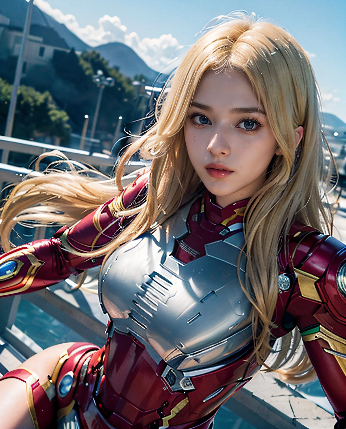 1girl, (Blue Eyes), happy face, (Long Shot LS), ((Sana Minatozaki)), wide hips, Big Boobs, big ass, (Best Quality, 8k, Masterpiece: 1.3)) ), Clear Focus: 1.2 , Perfect Body Beauty: 1.4 , Slender Abs: 1.2, Wet Body: 1.5 , Highly detailed face and skin texture, detailed eyes, double eyelids, (long blonde hair), (Iron man costume), (flying :1.4), background buildings