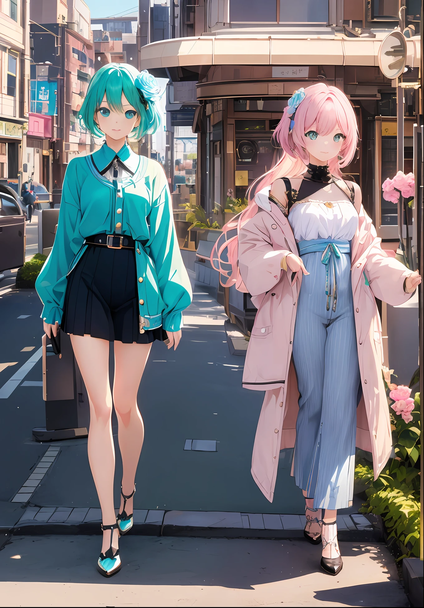 The upper part of the body、from the chest up、frontage、cute, urbane、art deco、Photographic portrait of beautiful women, Sony α7, 35mm Lens, f1.8、((Konmutsuki_gacha_series1, punk_rosette))), cute girl, aqua color flowers, (full body), elegant flowers background, realistic photo, beautiful woman, Beautiful girl, beautiful background, charming girls, realistic 3d style, photo realistic render