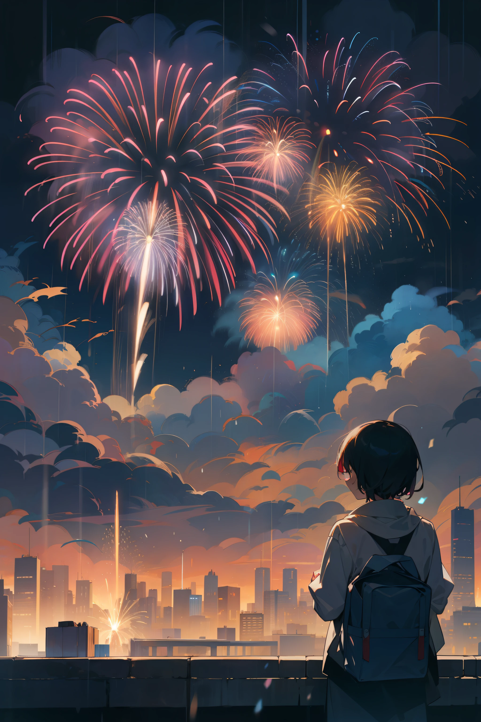 In the rainy night sky、Colorful large fireworks bloom magnificently、Fireworks blast blows away the surrounding rain clouds、Clear the sky。Below that、A person who gave a strong firework wrapped in a bowl roll looks up at the fireworks with satisfaction..。His profile was illuminated by the light of fireworks.、In the background, Cityscape changing from rain to sun.。The spectacle is nostalgic and fantastic