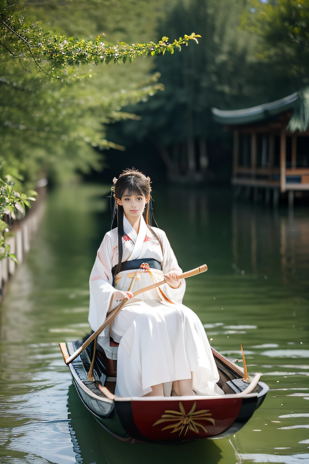 On the river, The bamboo raft wearing Hanfu is a woman rowing