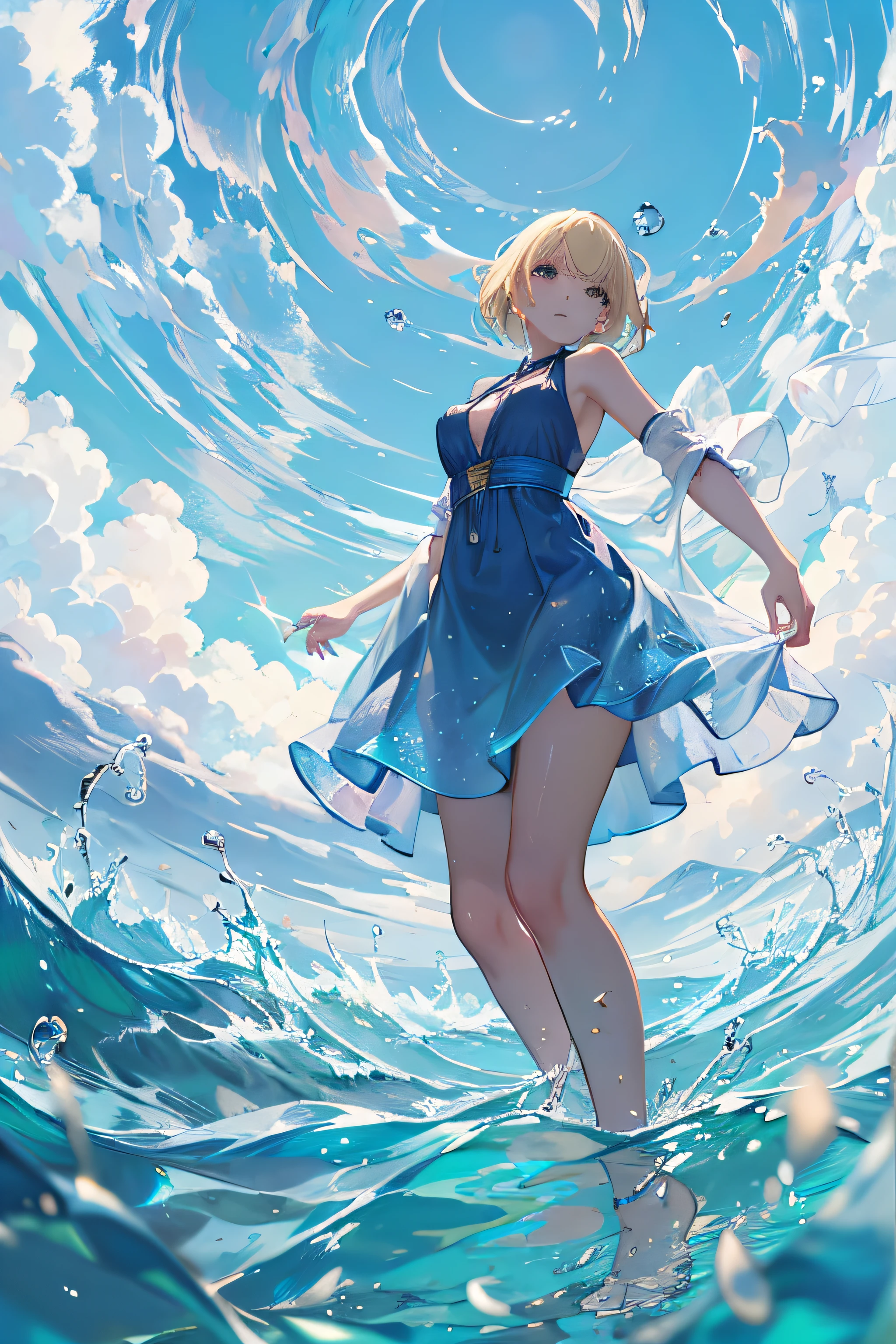 the girl walking on surface of the water, acrylic paint, dutch_angle, from_side, Close-up of people, grabbing, beautiful detailed fullbody, girl,woman,female, mature,30 years old, medium hair, bob cut, asymmetrical bangs, blonde hair, Authentic and detailed face, sleepy, piercing, halter dress, polka_dot, blue_sky, lens flare, very fine 8KCG wallpapers, highres, extremely detailed 8K wallpaper,