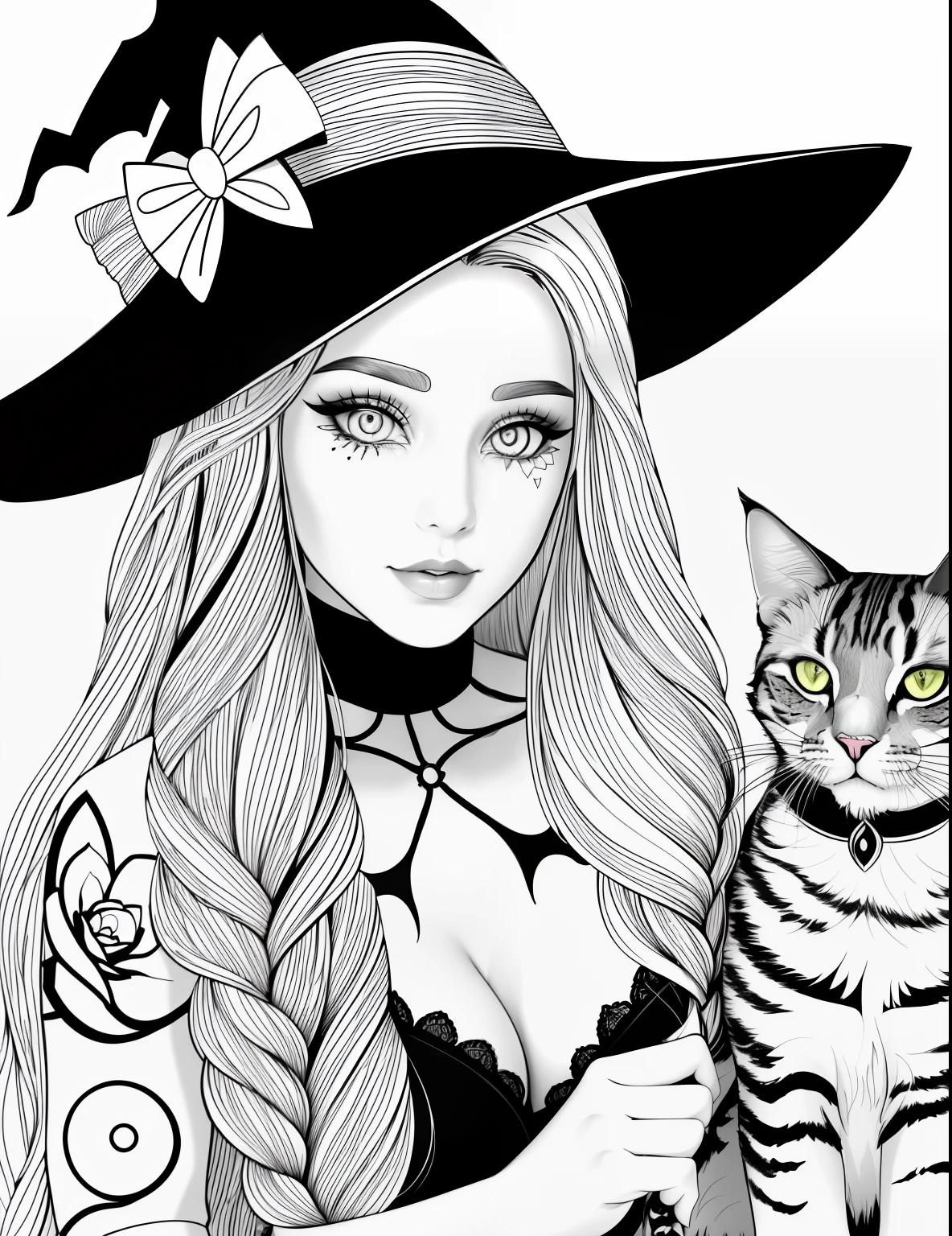 A coloring page with a girl and a cat in a Halloween scene, beautiful witch spooky female, line art colouring page, Retrato de uma jovem bruxa, Bruxa bonita com cabelo longo, black and white coloring, beautiful witch female, coloring book outline, Retrato de uma jovem bruxa, bruxa feminina bonita, clean coloring book page, bela arte de linha, arte vetorial em preto e branco