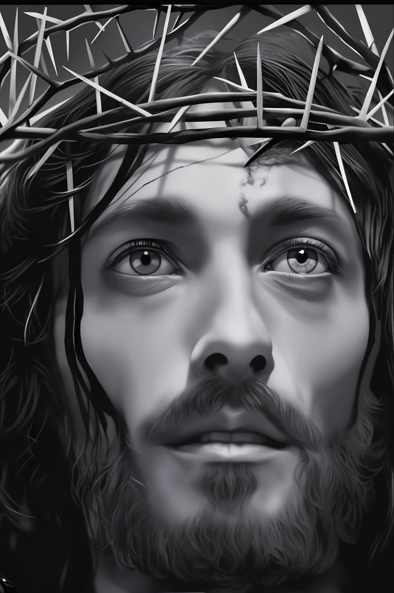 A black and white photo of Jesus with a crown of thorns on his head, rosto de Jesus, jesus of nazareth, Jesus Cristo, Retrato de Jesus Cristo, Jesus, coroa de espinhos, No projeto de Eliot Kohek, Jesus na Cruz, obra-prima muito bonita, Her eyes are closed, ✏️🎨, Jesus Negro, Rei dos Reis, Jesus na Cruz