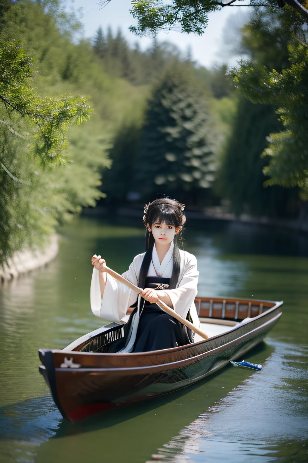 On the river, The bamboo raft wearing Hanfu is a woman rowing