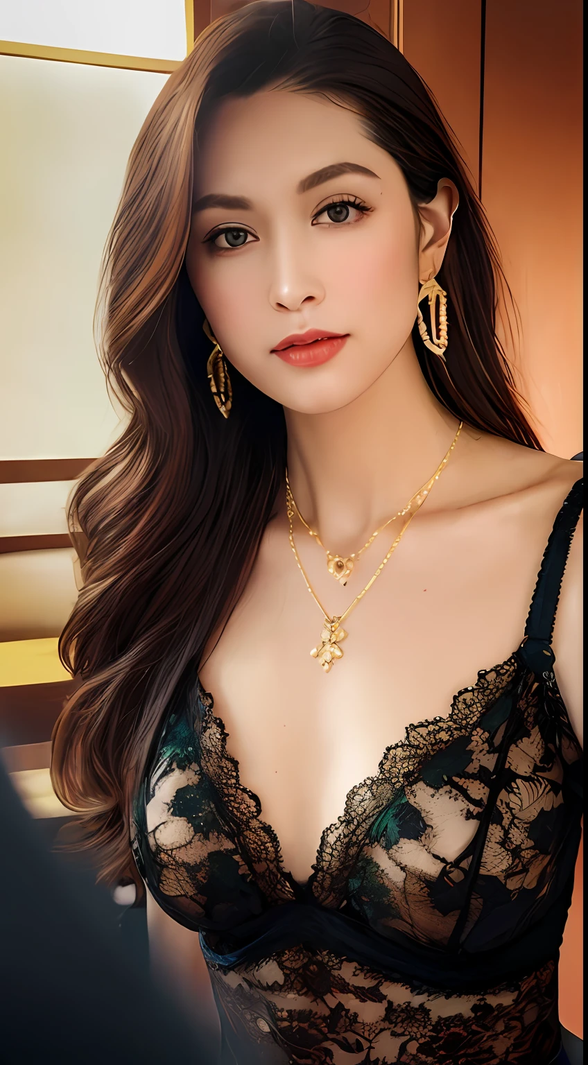 masterpiece, ultra realistic, 8k, flawless, professional artwork, cinematic lighting, cinematic bloom, perfect-face, green-eyes, ((perfect female body, narrow waist)), black-hair, gorgeous-queen, divine, (royal palace), fantasy, unreal, science fiction, medium-breasts, royal-clothes, lace, lace trim, lace-trimmed legwear, (rich:1.4), (jewelry, diamond, gold, hair ornament, necklace, earrings, bracelet, armlet), pearl, sapphire, ruby, emerald, intricate-detail, sexy