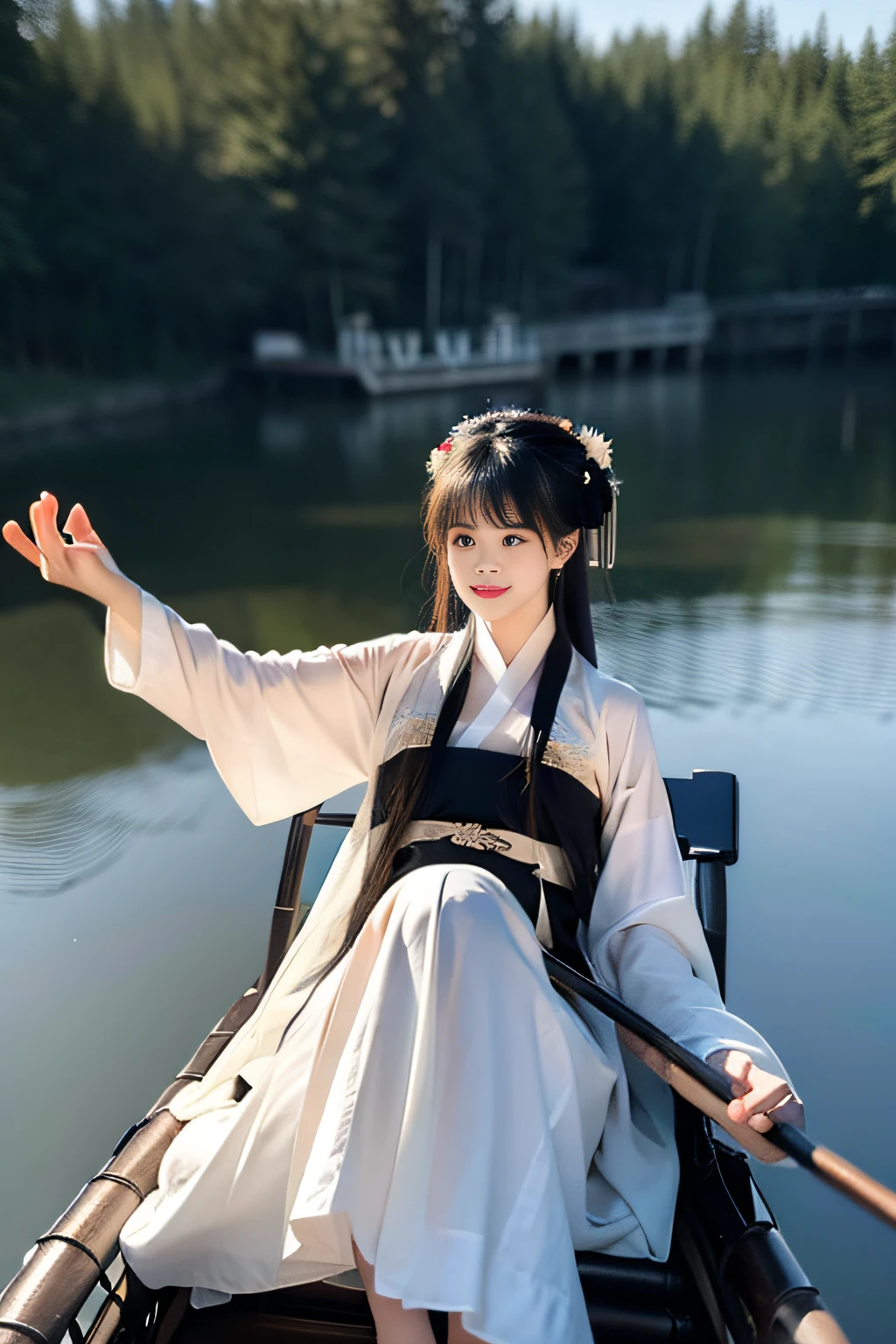 On the river, The bamboo raft wearing Hanfu is a woman rowing