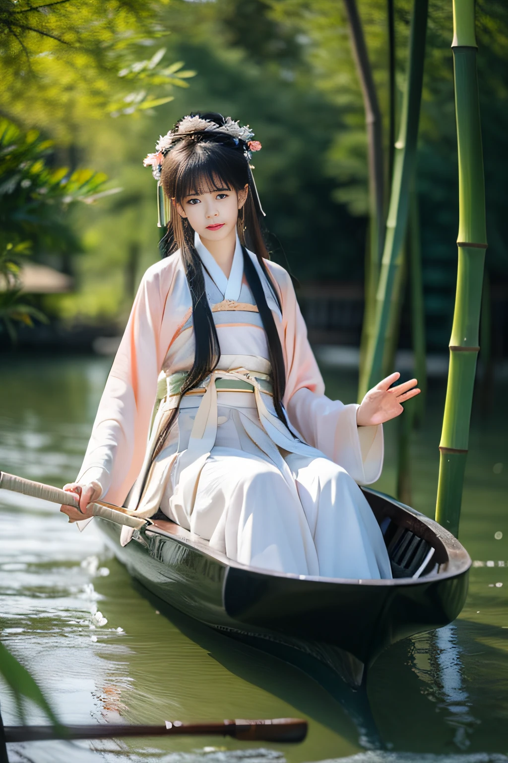 On the river, The bamboo raft wearing Hanfu is a woman rowing
