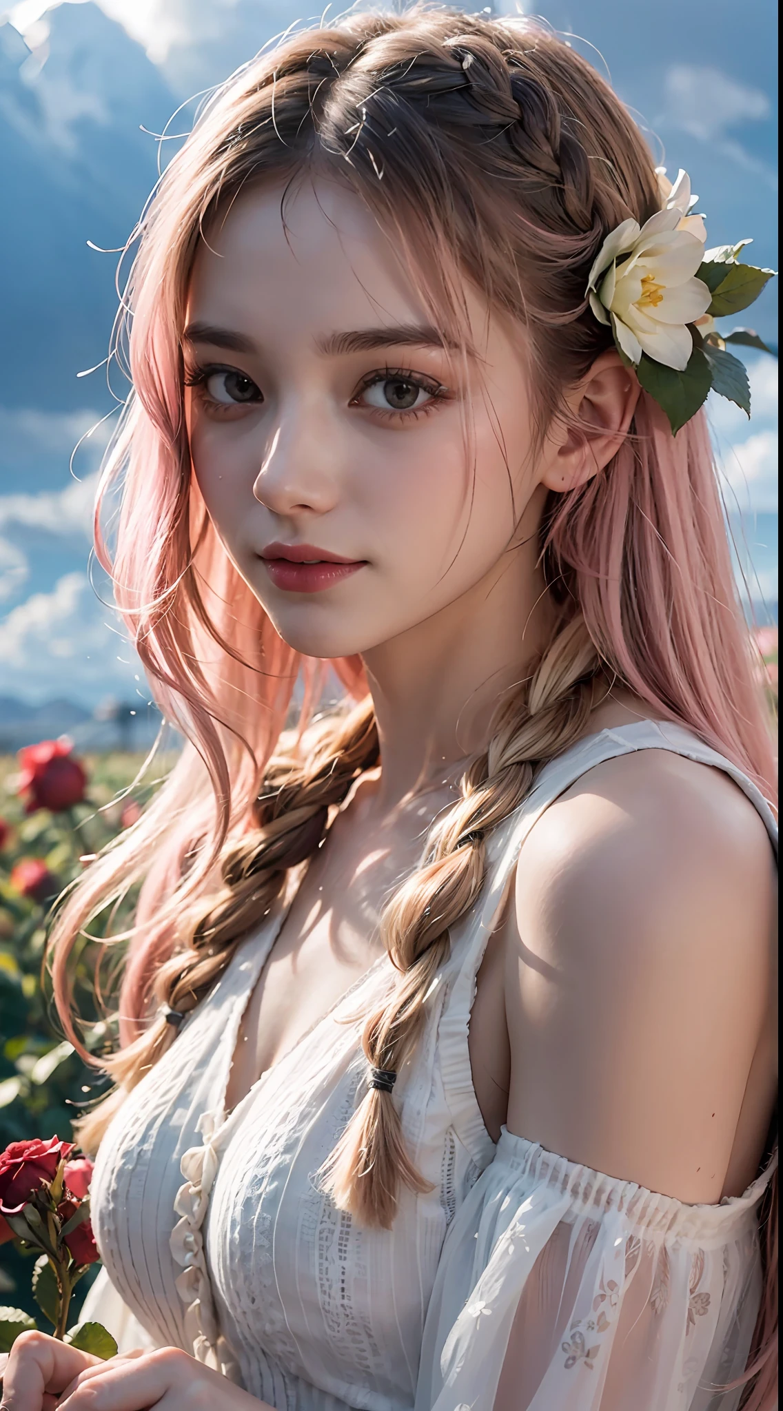 Poetic shots, hazy light and shadow, aestheticism, melancholic film, (cloudy), 1 girl, blonde hair, braids, emotional depth, white dress, flowers, flower fields, roses, bloom, smile, smooth skin, pink hair