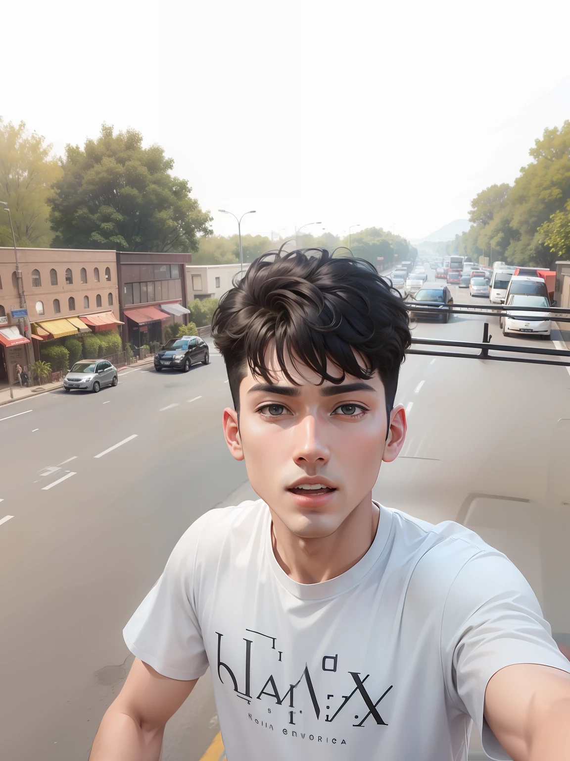 A handsome boy came out from sunroof of the car the car color is black the car is on the road with so many truck and SUV in the traffic of city ultra realistic hd 8k highest quality