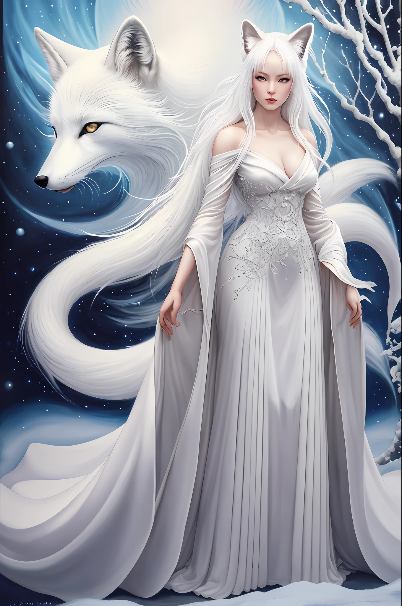 nvinkpunk, full length oil painting of gorgeous (sks woman) as a translucent [arctic fox spirit]| (full body)| detailed face| wearing white dress| straight white hair| mythical| elegant| hyperrealism| highly detailed| intricate detailed| volumetric lighting| Ukiyo-E| by Anne Stokes and Noriyoshi Ohrai