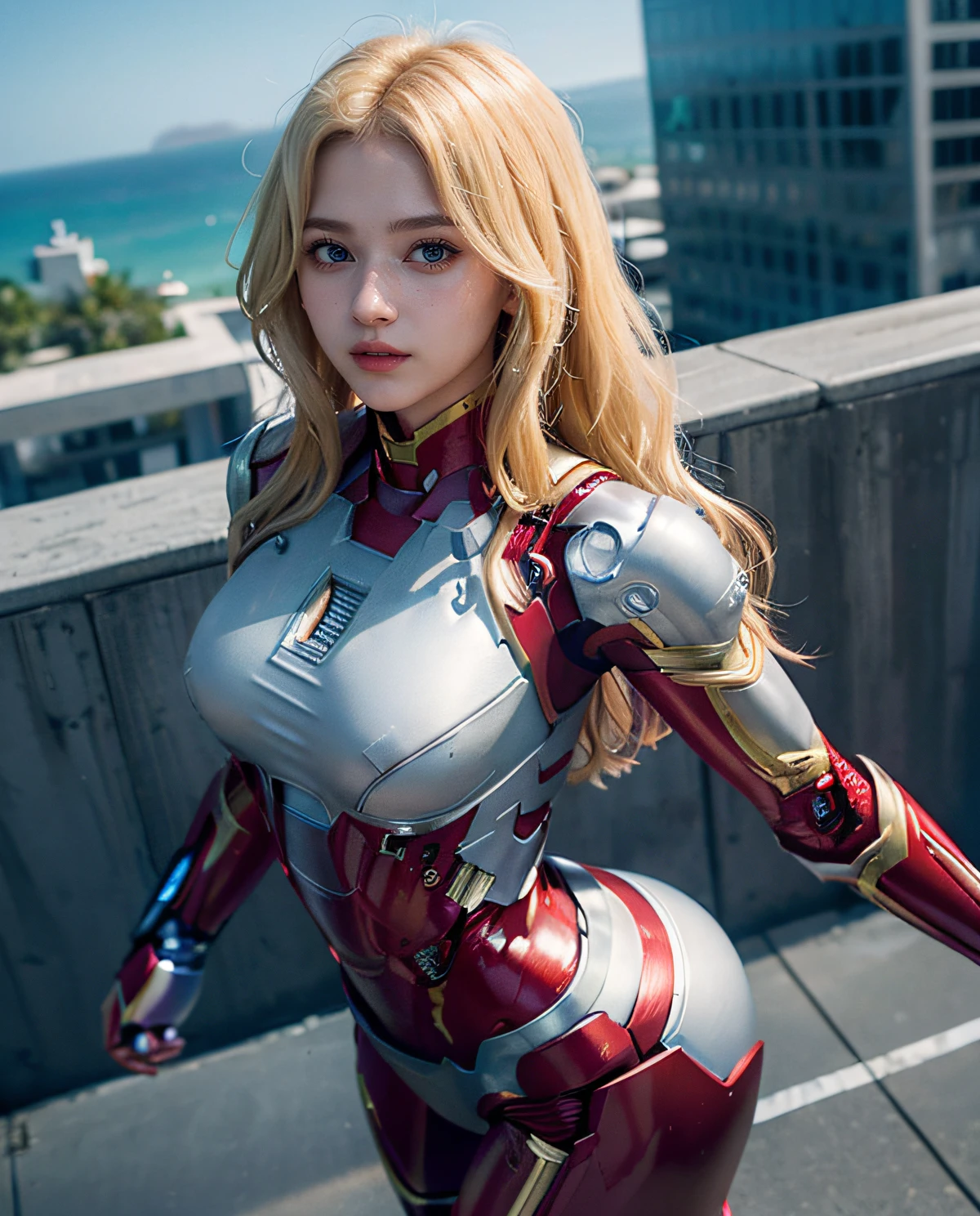 1girl, (Blue Eyes), happy face, (Long Shot LS), ((Sana Minatozaki)), wide hips, Big Boobs, big ass, (Best Quality, 8k, Masterpiece: 1.3)) ), Clear Focus: 1.2 , Perfect Body Beauty: 1.4 , Slender Abs: 1.2, Wet Body: 1.5 , Highly detailed face and skin texture, detailed eyes, double eyelids, (long blonde hair), (Iron man suit), (flying :1.4), background buildings