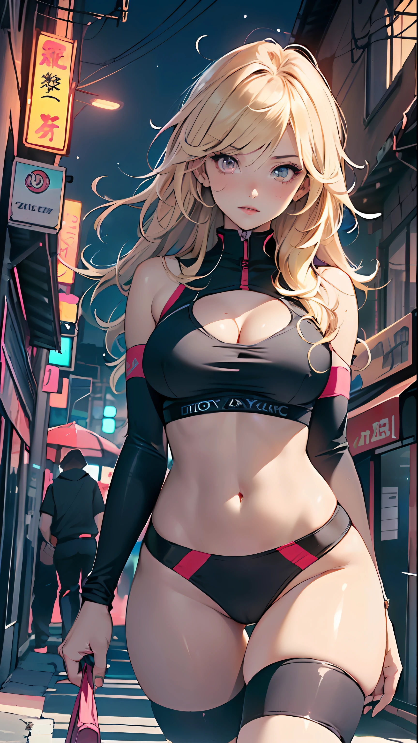 sport girl,(((1girl))),((anime girl with extremely cute and beautiful blonde hair walking seductively down the street)),

((((Two twins girls)))),2 sporty twins girls,(2girls:1.3),((two anime twins with extremely cute and beautiful blonde hair walking seductively down the street)),

(large breasts:1.4),saggy breasts,(((very light blonde hair:1.35,straight hair,long hair:1.4,colored inner hair,ear breathing))),((heterochromia,eye1 blue,eye2 green,perfect eyes,upturned eyes:1.3,beautiful detailed eyes,finely detailed beautiful eyes:1,big highlight on eyes:1.2)),((fat)),(((lustrous skin:1.5,bright skin: 1.5,skin tanned,shiny skin,very shiny skin,shiny body,plastic glitter skin,exaggerated shiny skin))),(spider lower abdomen,narrow waist,wide hip,athletic body,inflated legs,delicate detailed fingers,detailed body,detailed arms,human hands,detailed hands),

cute,slutty,seductive,erotic,(((nsfw))),

zettai ryouiki,revealing clothing,show skin,((((underboob)))),((sport tiny bra magenta,sport thong,visible thong straps)),(wearing a sport outfit:1.3,sport clothes,semi-naked,with little clothing,),(detailed outfit,detailed clothes),

(dynamic pose:1.0),embarrassed,centered,scale to fit dimensions,Rule of thirds,

outdoors,((night view)),(cyberpunk night street Background: 1.5,dark sky,alleyway,lonely alley,thick clouds,detailed background:1.25),

(best quality),(high resolution),(sharp focus),(ultra detailed),(extremely detailed),(extremely high quality artwork),8k_wallpaper,(extremely detailed CG 8k),(very fine 8K CG),((hyper super ultra detailed perfect piece)),flawless,(((masterpiece))),illustration,vibrant colors,(intricate),High contrast,Selective lighting,Double exposure,HDR (High Dynamic Range),Post-processing,Background blur,