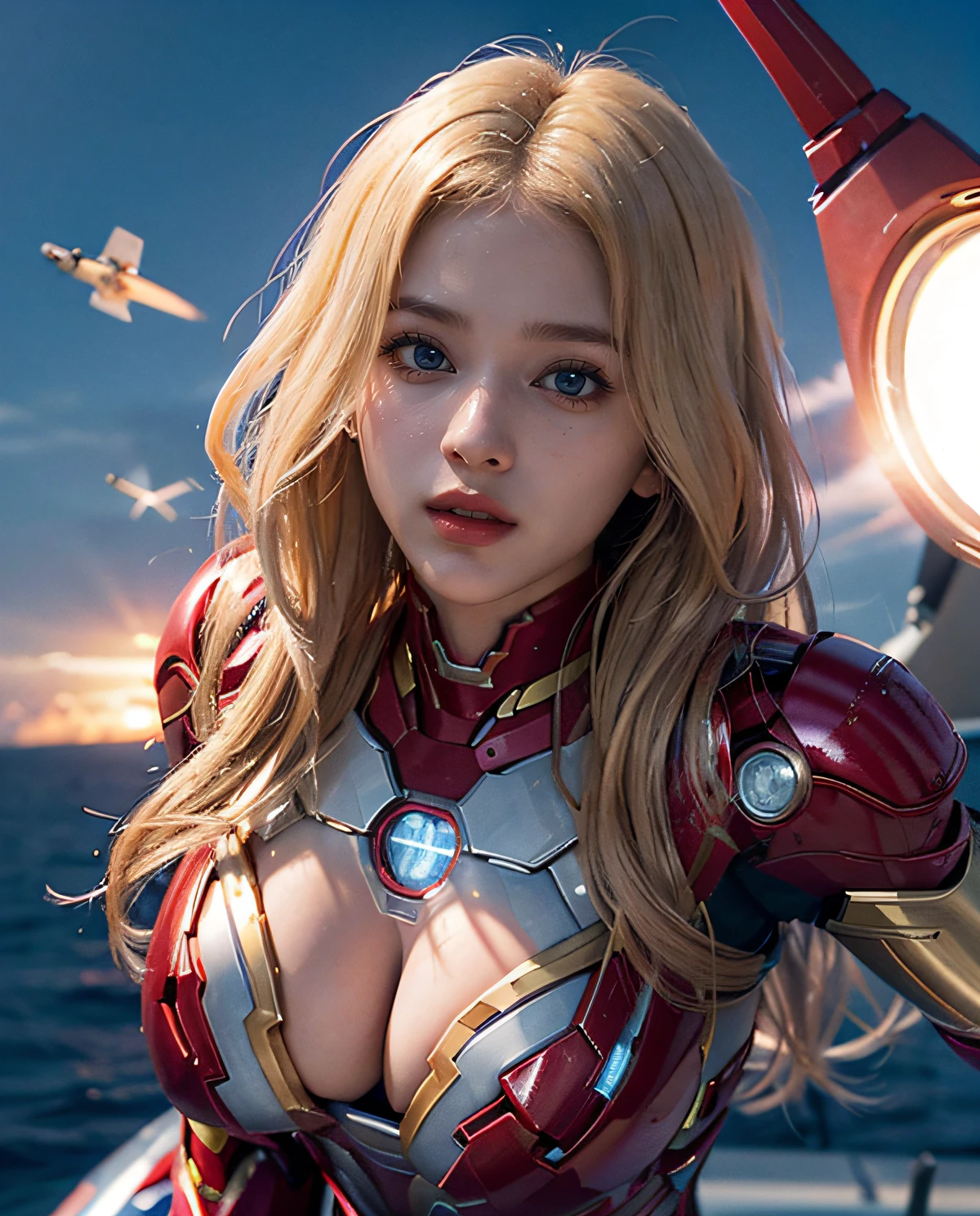1girl, (Blue Eyes), happy face, (Long Shot LS), ((Sana Minatozaki)), wide hips, Big Boobs, big ass, (Best Quality, 8k, Masterpiece: 1.3)) ), Clear Focus: 1.2 , Perfect Body Beauty: 1.4 , Slender Abs: 1.2, Wet Body: 1.5 , Highly detailed face and skin texture, detailed eyes, double eyelids, (long blonde hair), (Iron man suit), (flying :1.4), background buildings