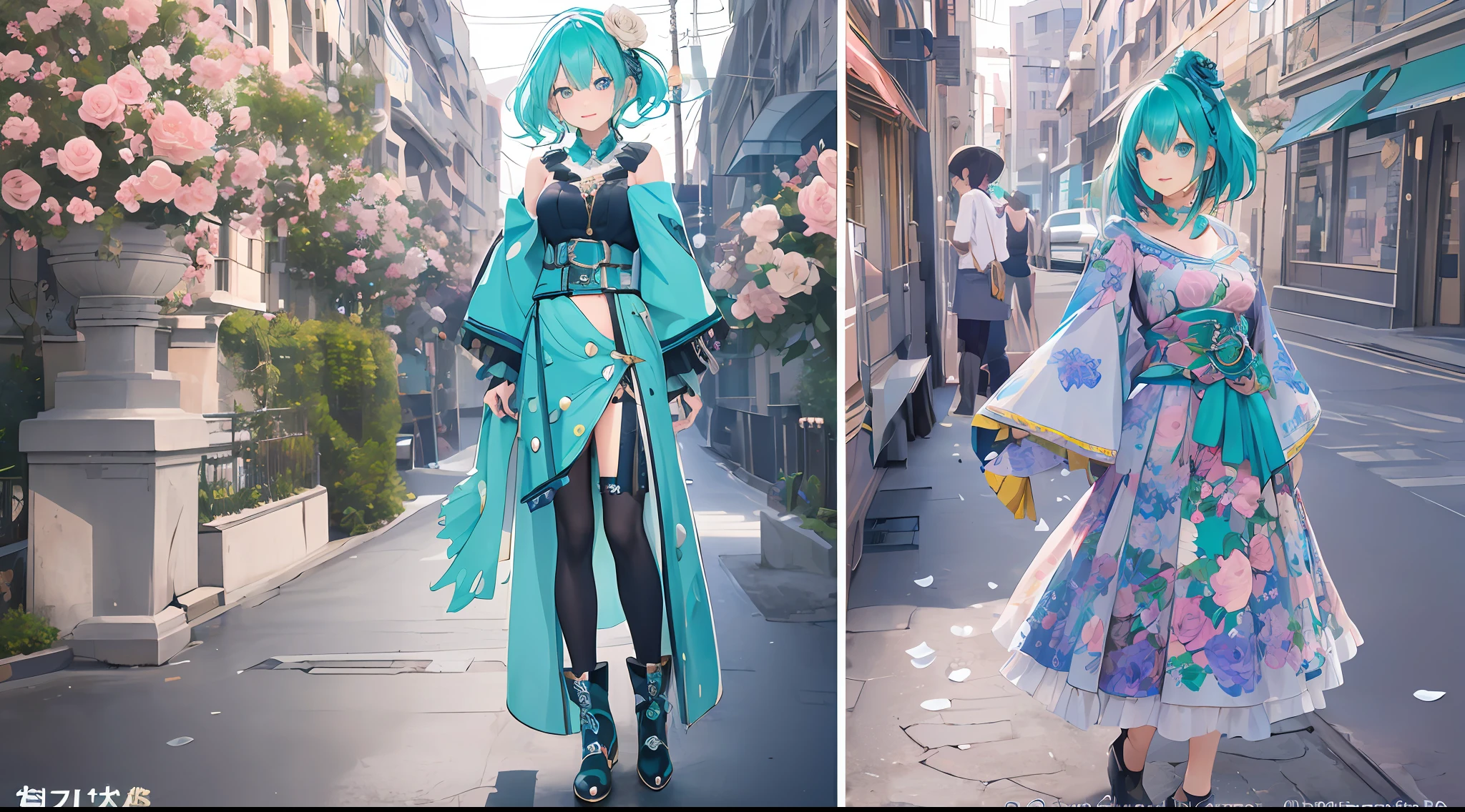 cool、urbane、art deco、Photographic portrait of beautiful women, Sony α7, 35mm Lens, f1.8、((Konmutsuki_gacha_series1, punk_rosette))), cute girl, aqua color flowers, (full body), elegant flowers background, realistic photo, beautiful woman, Beautiful girl, beautiful background, charming girls, realistic 3d style, photo realistic render