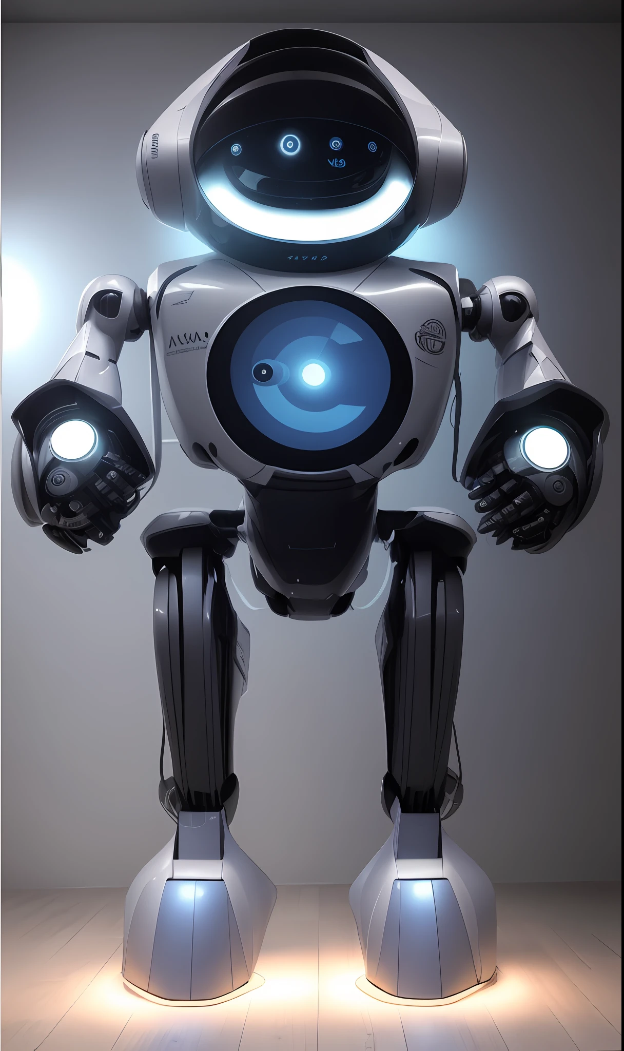 "Digi-Coletor" is a friendly robot with a circular shape, com contornos dourados, [um logo VEST em seu peito 1.2], raised left arm. detalhes intrincados, High definition, 16k, detalhes altamente definidos, 16k, inspirado em Youssef Howayek altamente detalhado, hyper realistic, Perfect artwork, master part, best quality, alto, layered lighting,