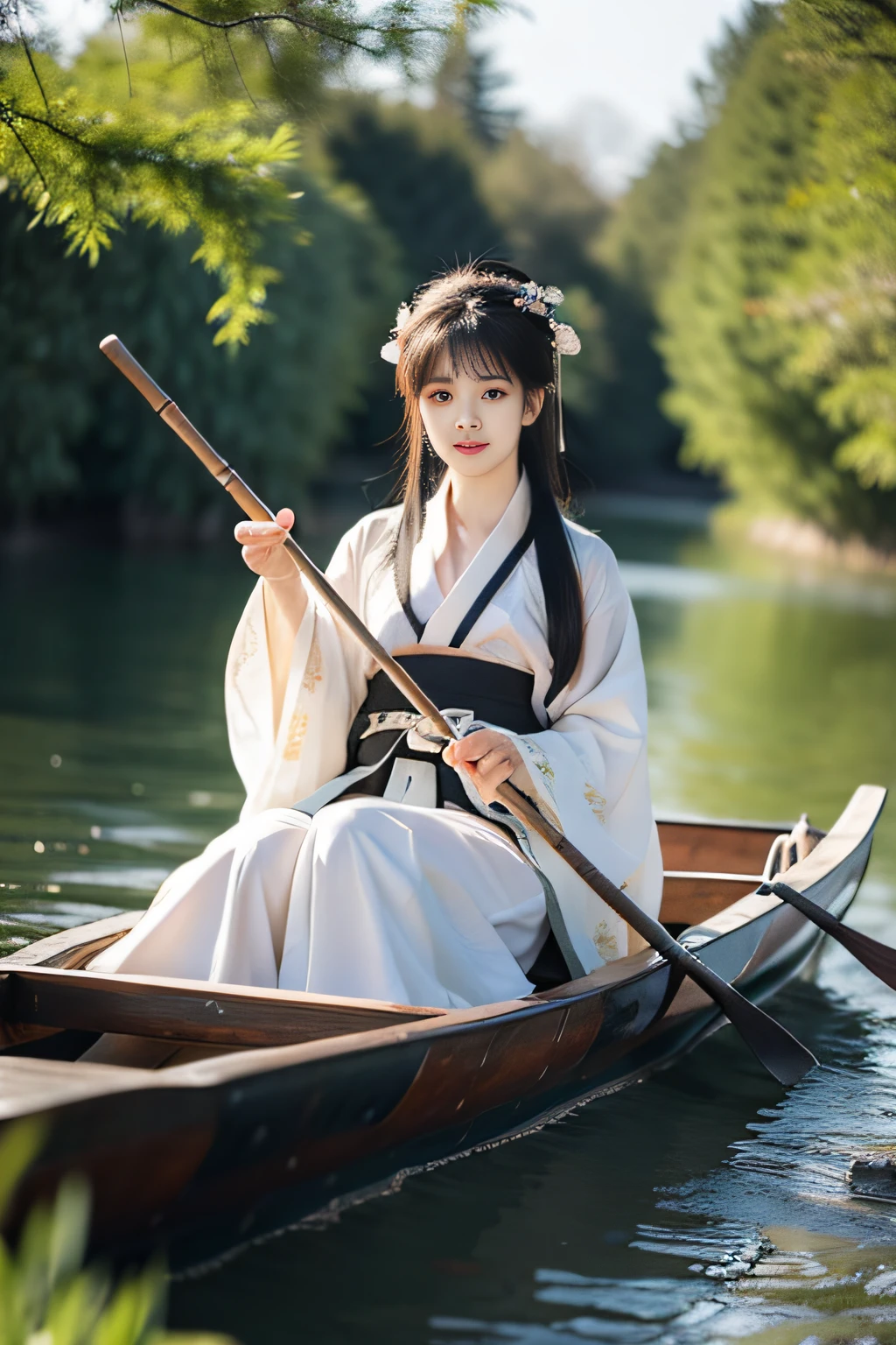 On the river, The bamboo raft wearing Hanfu is a woman rowing