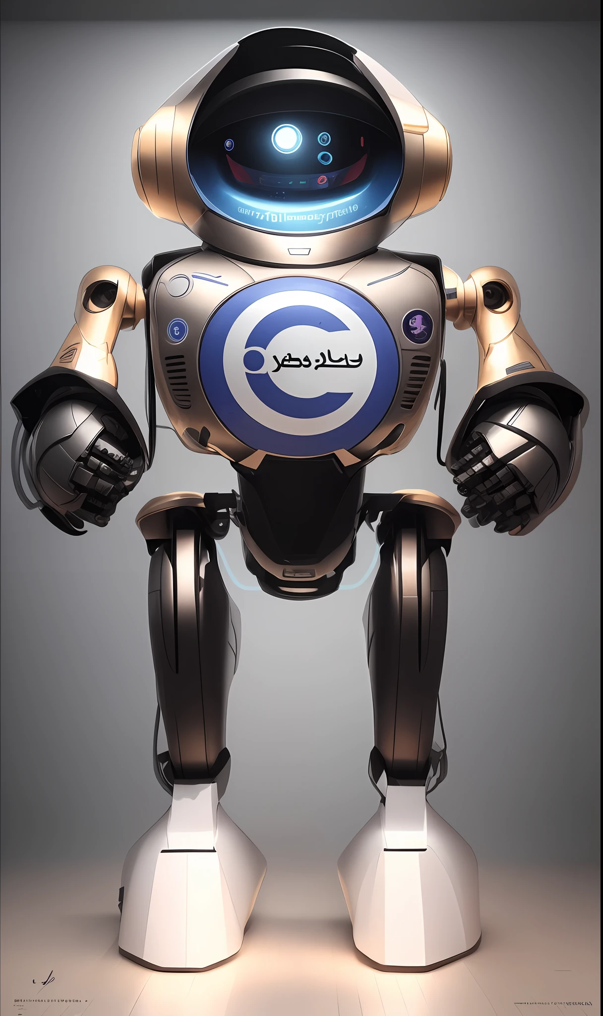 "Digi-Coletor" is a friendly robot with a circular shape, com contornos dourados, [um logo VEST em seu peito 1.2], raised left arm. detalhes intrincados, High definition, 16k, detalhes altamente definidos, 16k, inspirado em Youssef Howayek altamente detalhado, hyper realistic, Perfect artwork, master part, best quality, alto, layered lighting,
