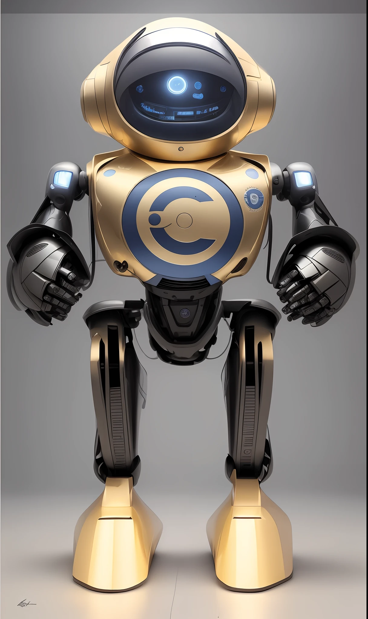 "Digi-Coletor" is a friendly robot with a circular shape, com contornos dourados, [um logo VEST em seu peito 1.2], raised left arm. detalhes intrincados, High definition, 16k, detalhes altamente definidos, 16k, inspirado em Youssef Howayek altamente detalhado, hyper realistic, Perfect artwork, master part, best quality, alto, layered lighting,
