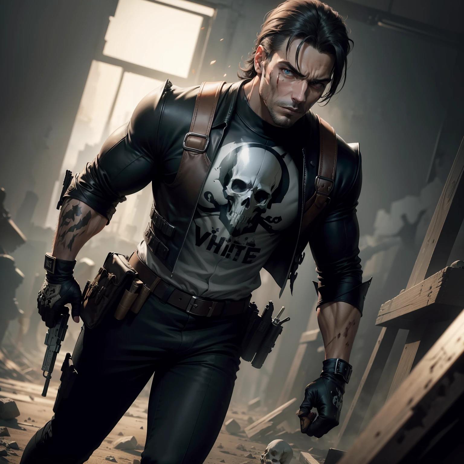 (High res, best quality, masterpiece) adult male, (solo male) harsh lighting 4k, dramatic lighting 4k, full body, athletic build, muscular, rugged look, serious expression, short black hair, brown eyes, (detailed eyes), face: blood stain, (holding, guns: pistols), gripping_handle, (detailed hands), ((0_scarred_chest)), bulletproof vest, ((white skull painted on)), ((gloves: black)), shirt: black, boots: brown, an army of shadows surround him as he stands in the middle of a large battlefield