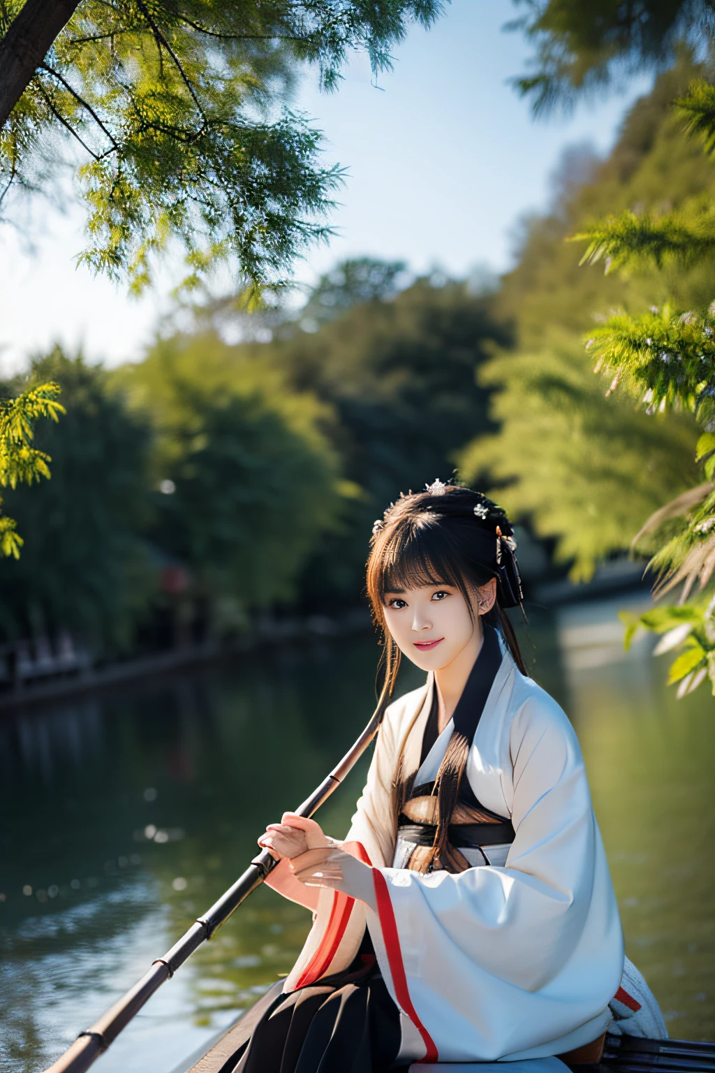 On the river, The bamboo raft wearing Hanfu is a woman rowing