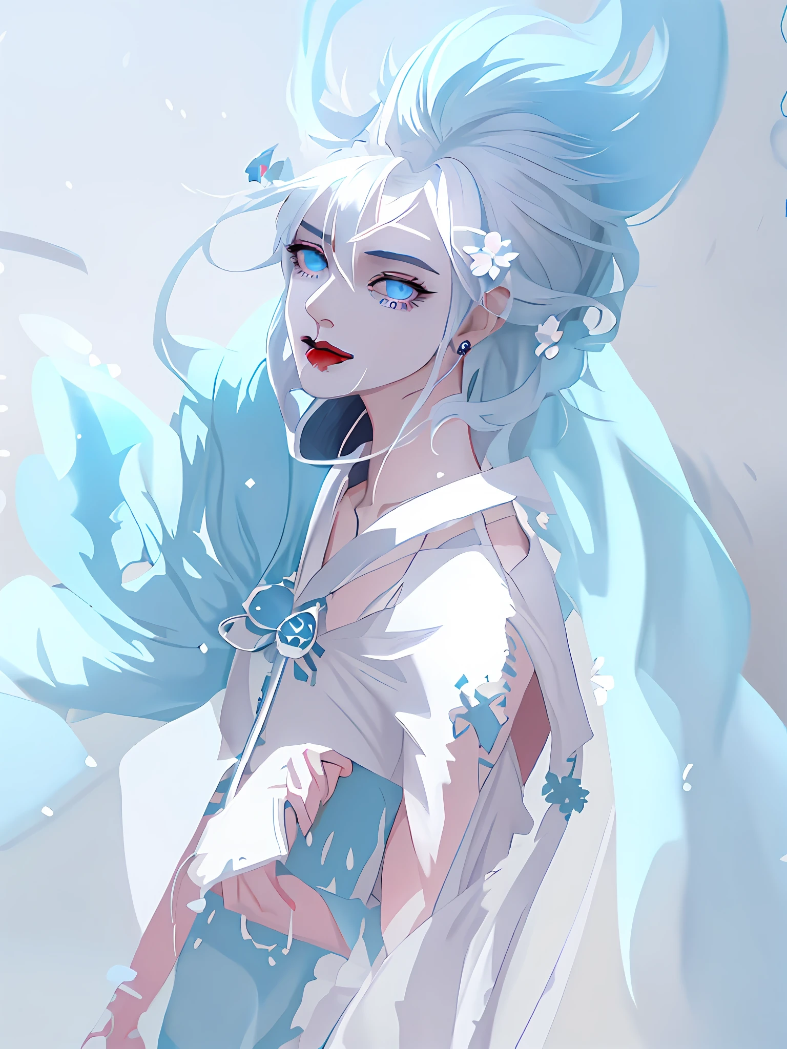 Wild blue-eyed white-haired anime character, 2 d anime style, Anime boy, handsome guy in demon killer art, young anime man, Blue-white hair, demon slayer rui fanart, highly detailed exquisite fanart, in an anime style, Tall anime guy with blue eyes, Anime style illustration, [[[[grinning evily]]]]