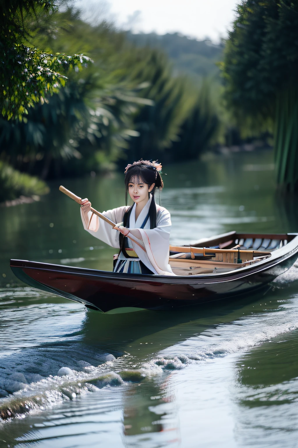 On the river, The bamboo raft wearing Hanfu is a woman rowing
