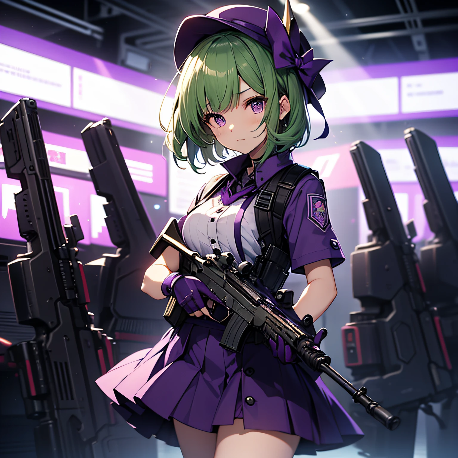 top-quality、extremely delicate and beautiful、(A teenage girl)、Purple Eye、Green hair、short-haired、(Purple pointy hat)、Purple tie、Soio、shortsleeves、Purple skirt、Navel,Tactical Vest、shortsleeves、Purple skirt、((Holding a submachine gun in both hands))、Midnight background、is standing