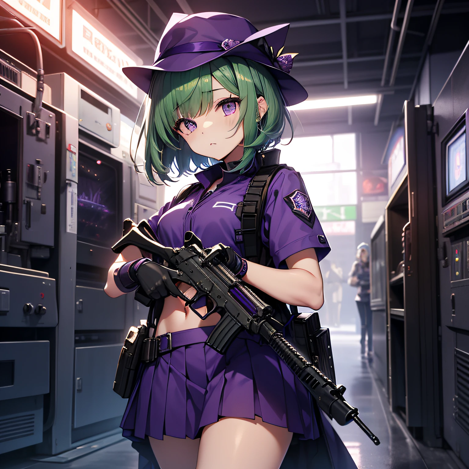 top-quality、extremely delicate and beautiful、(A teenage girl)、Purple Eye、Green hair、short-haired、(Purple pointy hat)、Purple tie、Soio、shortsleeves、Purple skirt、Navel,Tactical Vest、shortsleeves、Purple skirt、((Holding a submachine gun in both hands))、Midnight background、is standing