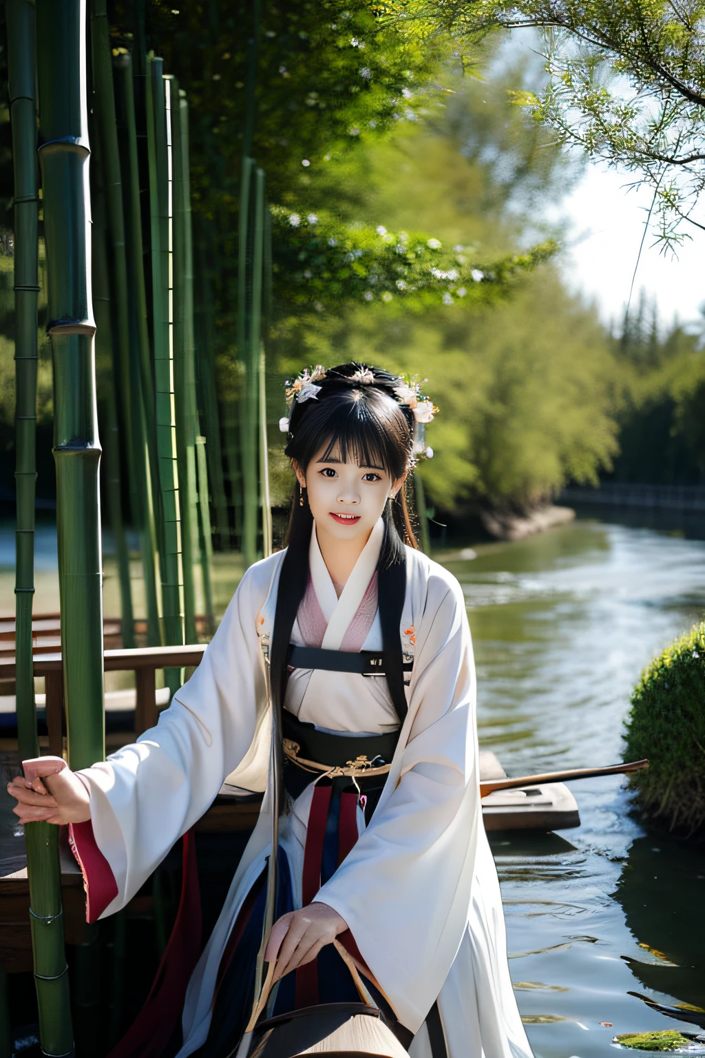 On the river, The bamboo raft wearing Hanfu is a woman rowing