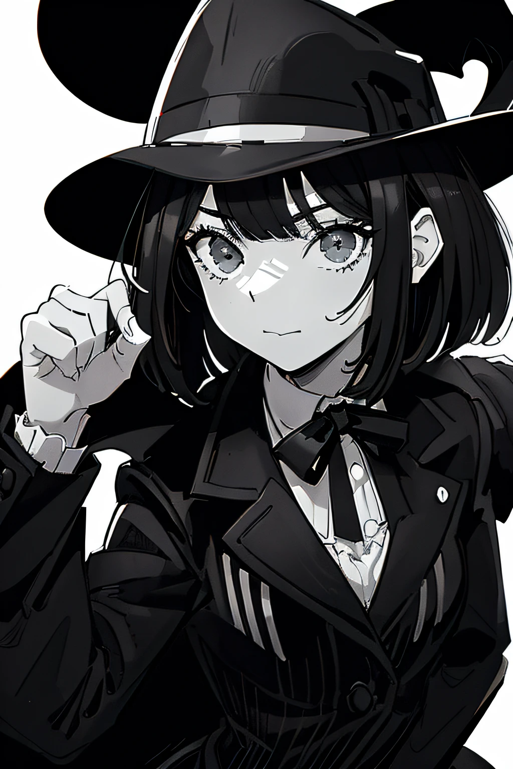 (Comic Noir Style),(black-and-white_High contrast:1.5),(Laura Budd_Pictures:0.5),( Lora More_Details:1.5>).(Cowboy Shot),(8K resolution)、8K、Less in 8K、8K resolution、high intricate detailed、((looking at the viewers))、 A detailed face, 1girl in, 独奏,A dark-haired、((bob cuts))、Classic style three-piece suit、((Borsalino Hat)),((Piping jacket with white lines))、Mafia women