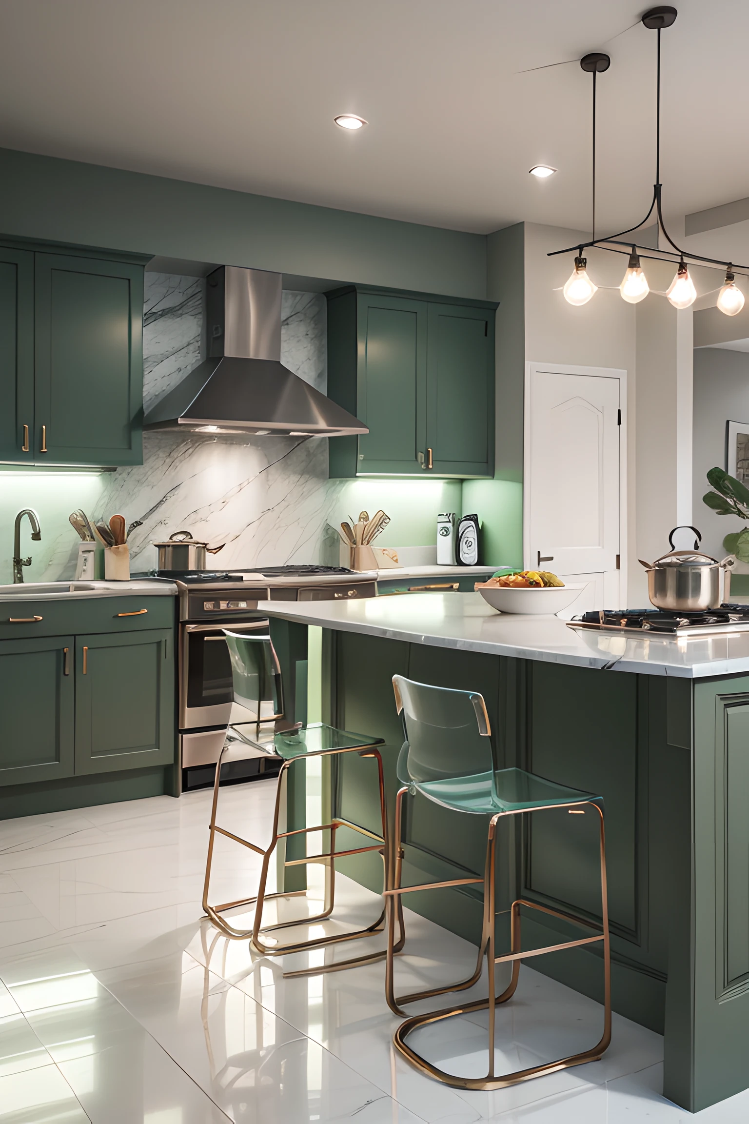 kitchen design in cold colurs, green tones, ambient looks, contemporary styled