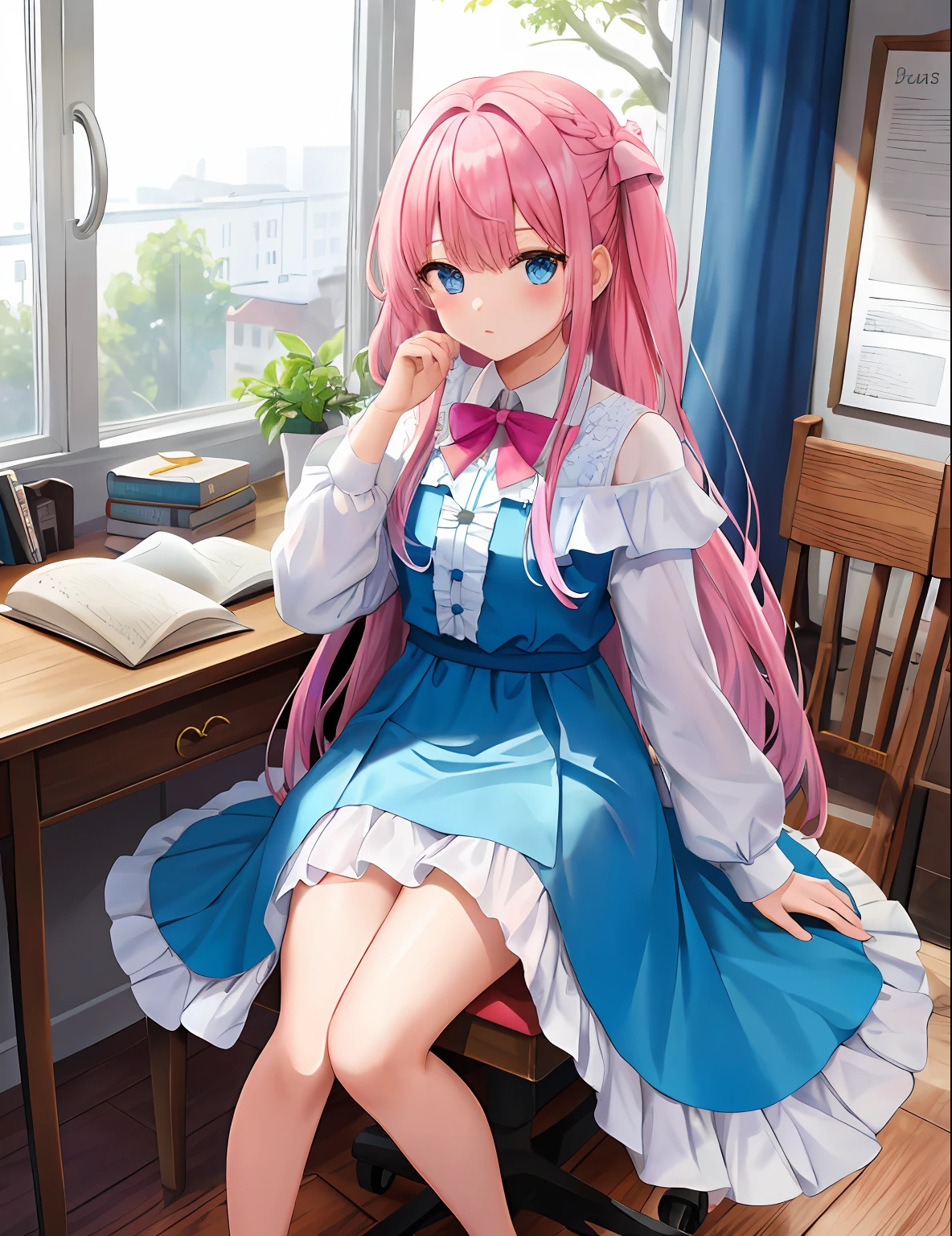 one-girl, Blue gradient clothes, white  skirt, White skin, naked leg, The barefoot, Blue and pink hair, long whitr hair, Bow knot, Big blue eyes, Delicate facial features，Messy room, book, a chair, desks, window, dolls, janelas, Anime style, Chiaroscuro, Cinematic lighting, color difference, hyper HD, ccurate, Super detail, High details, Best quality