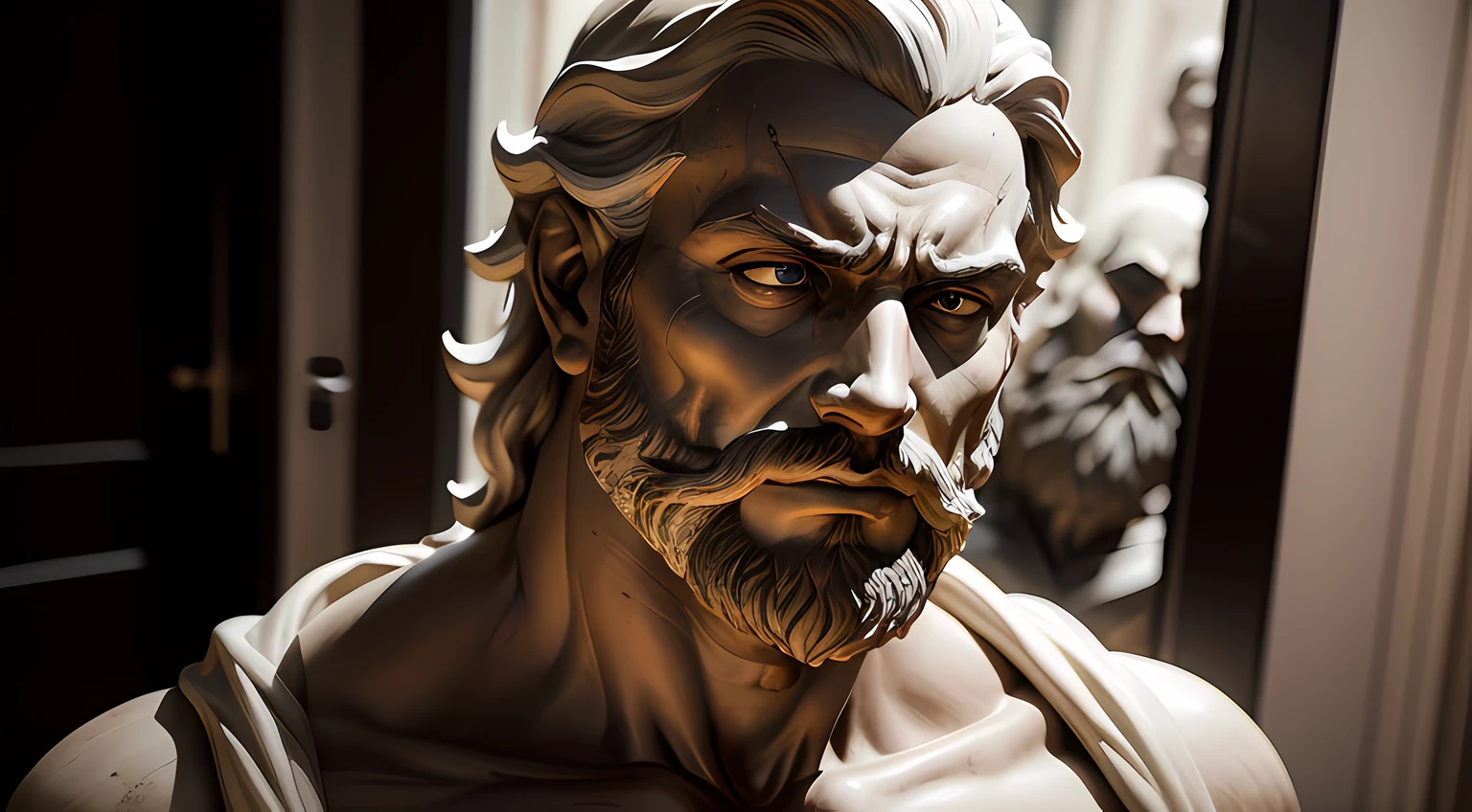 Photo of a marble statue with beard, Preto e branco, Zinsa, fundo neutro, ao estilo de Michelangelo, rosto, (rosto),detalhado, iperdetalhado, superdetalhado, expression of anger, o rosto transmite raiva, Cinematographic photo, a estatua esta gritando de raiva, ira, raiva, ira, rosto, foco no rosto