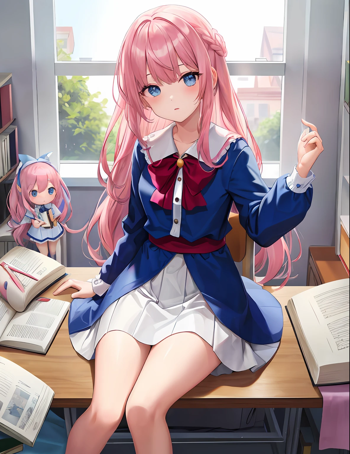 one-girl, Blue gradient clothes, white  skirt, White skin, naked leg, The barefoot, Blue and pink hair, long whitr hair, Bow knot, Big blue eyes, Delicate facial features，Messy room, book, a chair, desks, window, dolls, janelas, Anime style, Chiaroscuro, Cinematic lighting, color difference, hyper HD, ccurate, Super detail, High details, Best quality