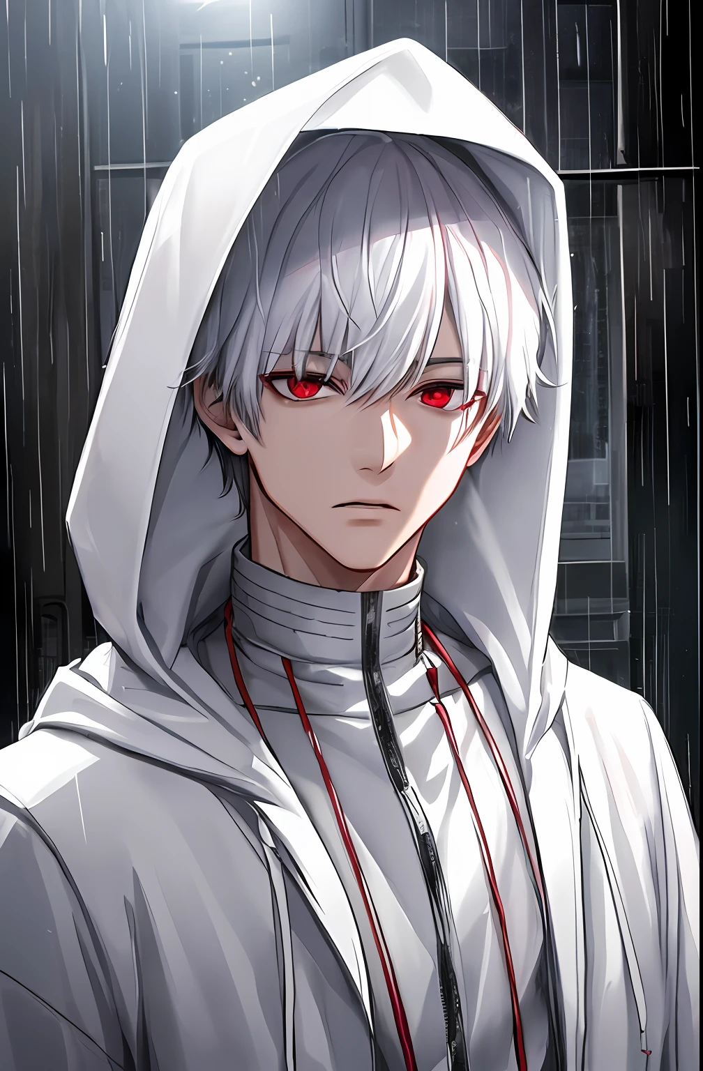 kk, best quality, more details, masterpiece, 1boy, kaneki ken, portrait, male focus, red eyes, solo, bangs, looking at viewer, hood, short hair, rain, tokyo tokyo \(city\), hood up, nail polish, white hair, luxurious, 8k, detailed, ray tracing, depth of field, cinematic lighting,