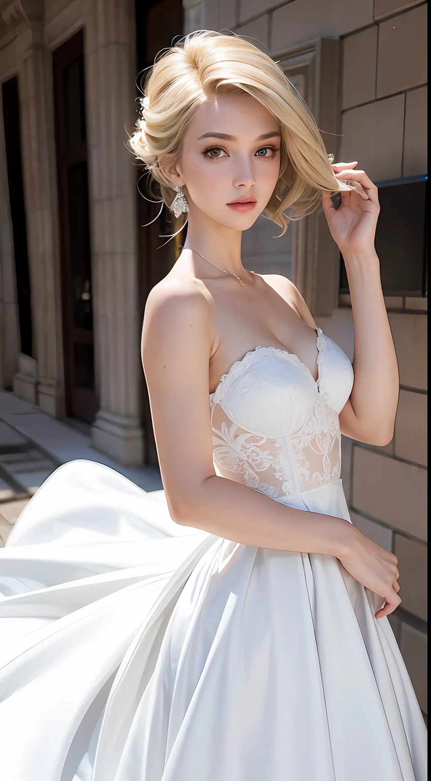 European and American women, A fashion model, wears a white dress, Glamour, paparazzi taking pictures of her, Blonde hair, Brown eyes, 8K, High quality, Masterpiece, Best quality, HD, Extremely detailed, voluminetric lighting, Photorealistic