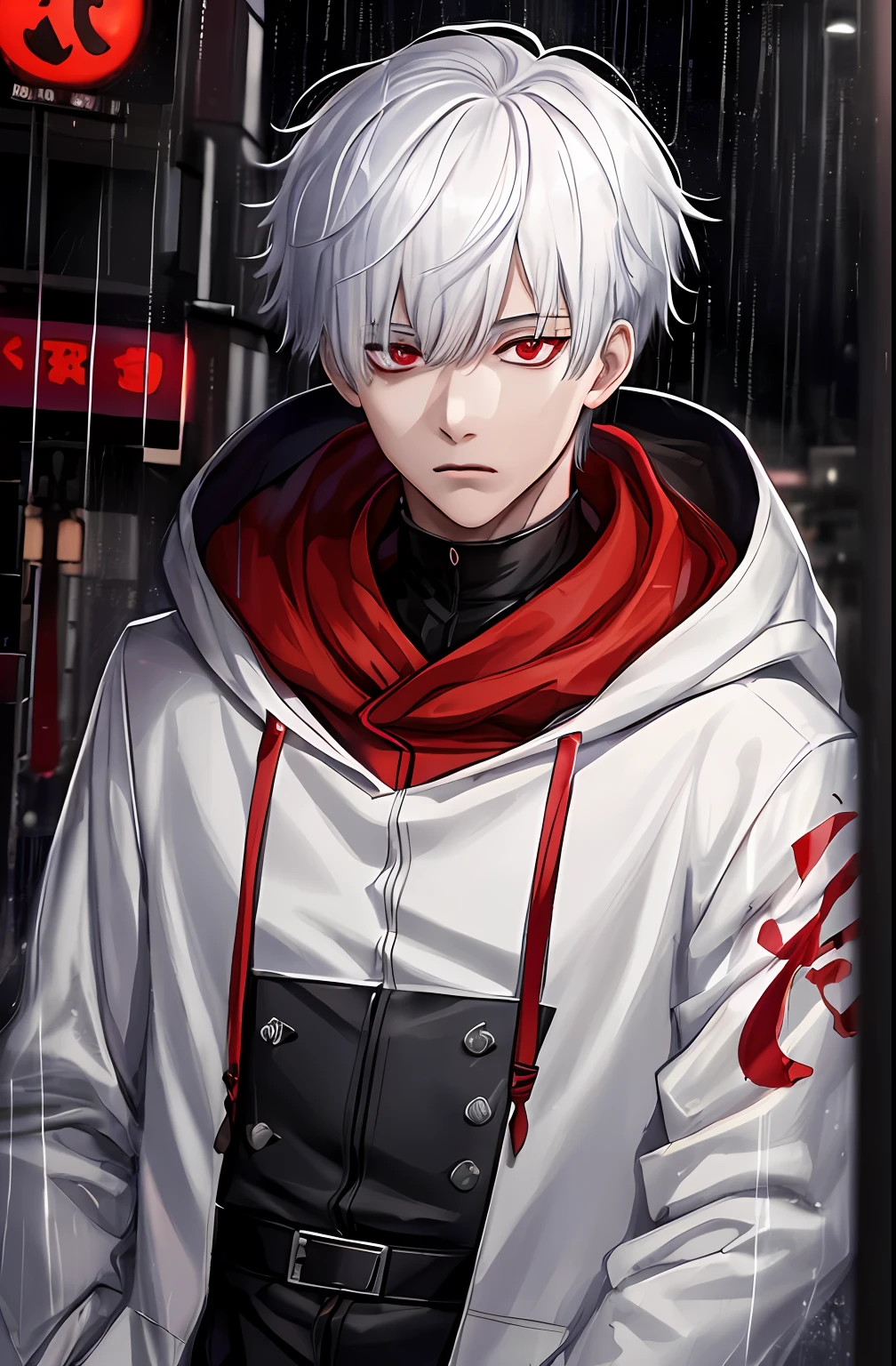 kk, best quality, more details, masterpiece, 1boy, kaneki ken, portrait, male focus, red eyes, solo, bangs, looking at viewer, hood, short hair, rain, tokyo tokyo \(city\),  hood up, nail polish, white hair, luxurious, 8k, detailed, ray tracing, depth of field, cinematic lighting,