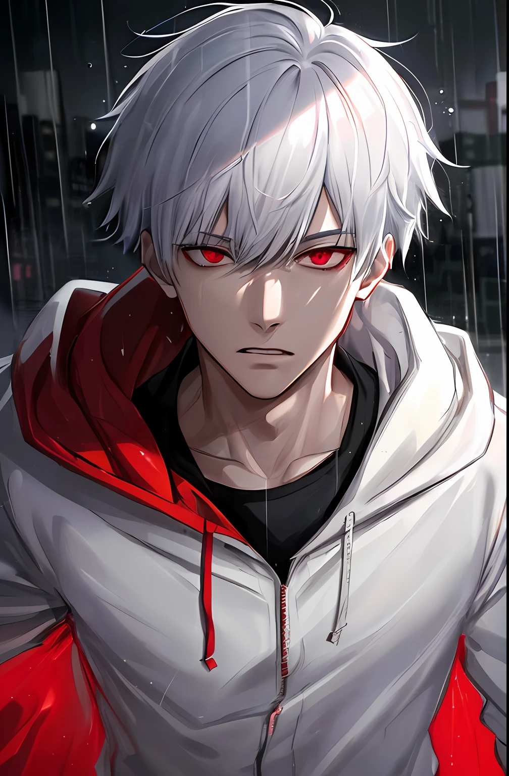 kk, best quality, more details, masterpiece, 1boy, kaneki ken, portrait, male focus, red eyes, solo, bangs, looking at viewer, hood, short hair, rain, tokyo tokyo \(city\), hood up, nail polish, white hair, luxurious, 8k, detailed, ray tracing, depth of field, cinematic lighting,