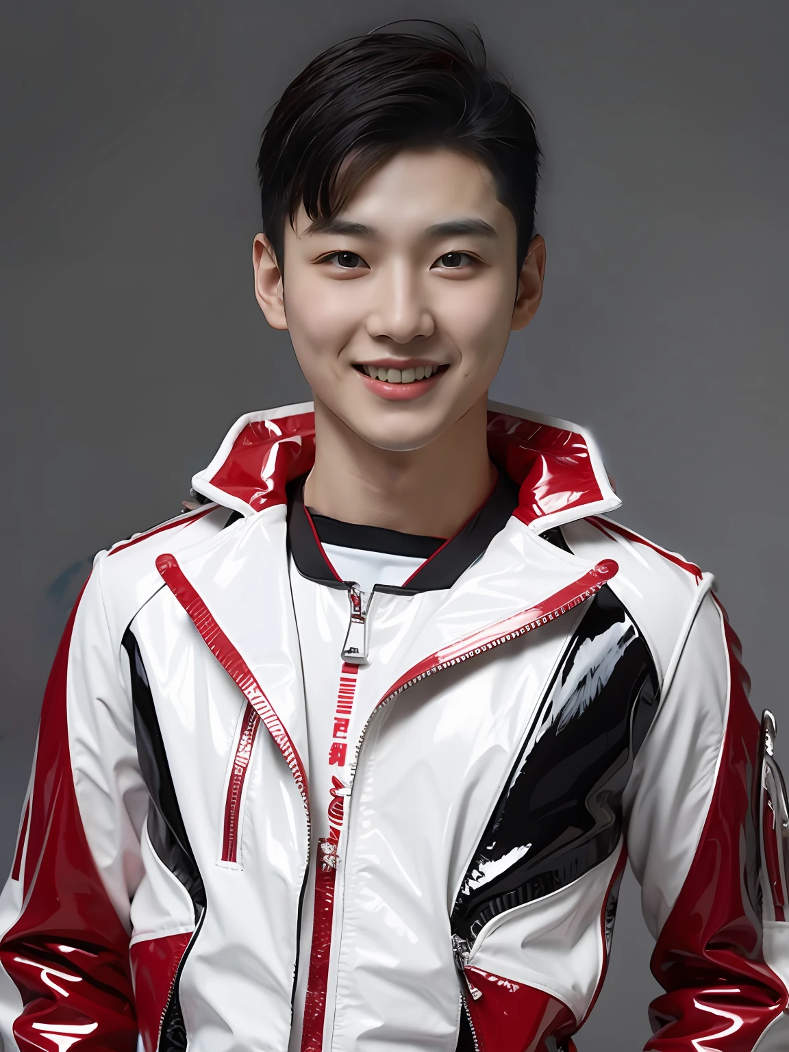 A Chinese male high school student,Wearing PVC black and red motorcycle suit,There are zippers