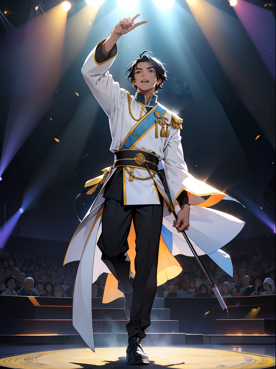 of a guy,Douluo Continent costume,Black hair,Mighty,standing on your feet,rays of sunshine,Microphone in hand,