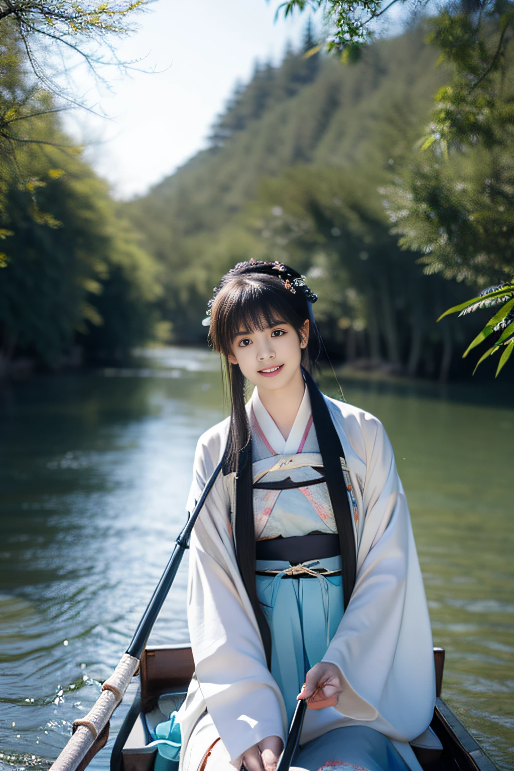 On the river, The bamboo raft wearing Hanfu is a woman rowing