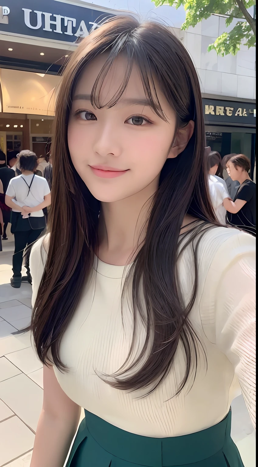 (8K、Raw photography、top-quality、masuter piece:1.2)、ultra-detailliert、ultra res、(realisitic、rialistic photo:1.37)、portlate、high-definition RAW color photography、Professional Photography、highly detailed and beautiful、ighly detailed、8K Picture Wallpaper、amazing detailed、huge filesize、Official art、Highly detailed CG Unity 8K wallpapers、highly detailed beautiful girl、extra detailed face、extremely detailed eye、highlydetailed skin、extremely detailed fingers、highly detailed nose、very detailed detailed mouth、Perfect Anatomy、highly detailed back ground、Highly detailed clothing、女の子 1 人、(18:1.2)、Teen、Cute little girl s、famous Japan idol、cute little、Realistic body、小柄、de pele branca、glistning skin、Slim body、Handsome body、short constricted curly hair、(Blunt bangs:1.2)、A smile、kawaii、zora々Right、kawaii faces、Lifelike face、Delicat eyes、Sauce order、White T-shirt、skirt by the、耳Nipple Ring、Looking at the camera、cowboy  shot、front facing、Standing、Contrapo, high street, public, 动态照明,No bangs、Raked bangs、Center Part