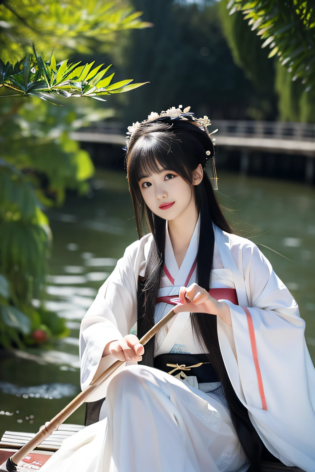 On the river, The bamboo raft wearing Hanfu is a woman rowing