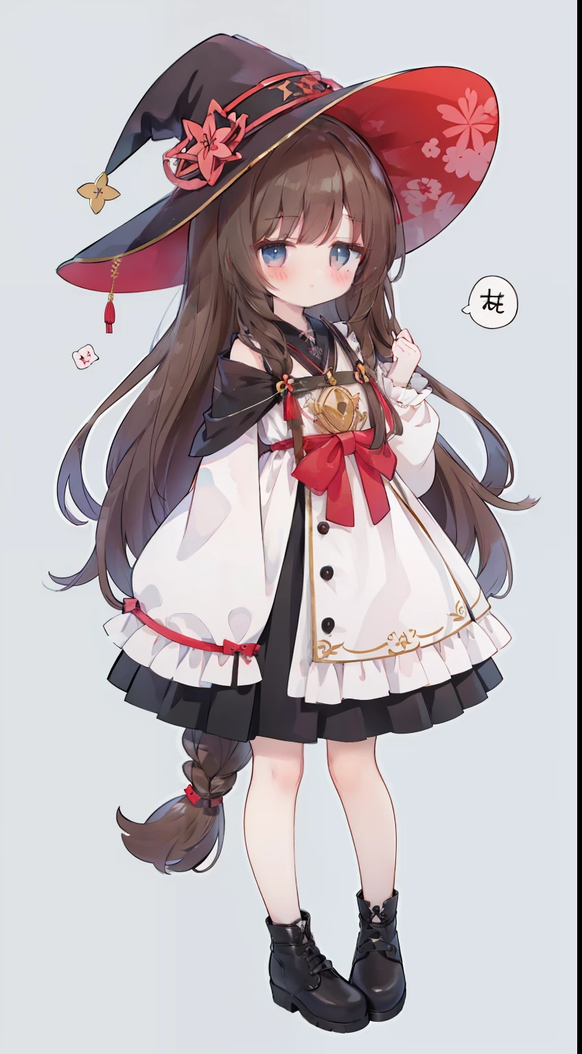 jitome、Standing Picture、full bodyesbian、One Girl、Brown hair、Only the lateral hair is long、Medium hair、masterpiece、Top image quality、top-quality、cute little、witch outfit、witch's hat、Straight face、Lifeless eyes、sigh