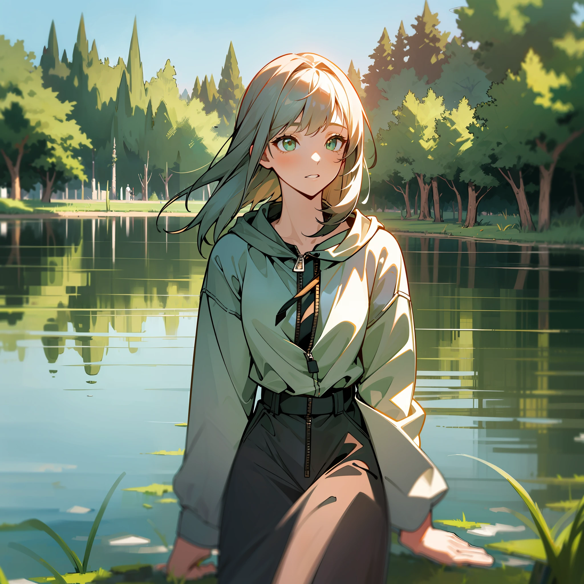 MKSKS style, (Very detailed background:1.0), (highly detailed back ground:1.0), 1girll, full_Body, , Hoodie, partly_unzipped, Masterpiece, Best quality, (1girll, Solo, Girl:1.2), Lake, Grass, walking on the water, Jumps, Stone ruins, color difference, Depth of field, Soft lighting surface,face only