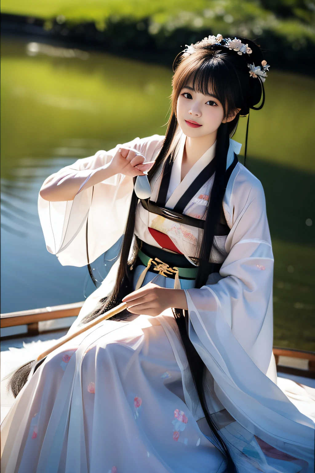 On the river, The bamboo raft wearing Hanfu is a woman rowing