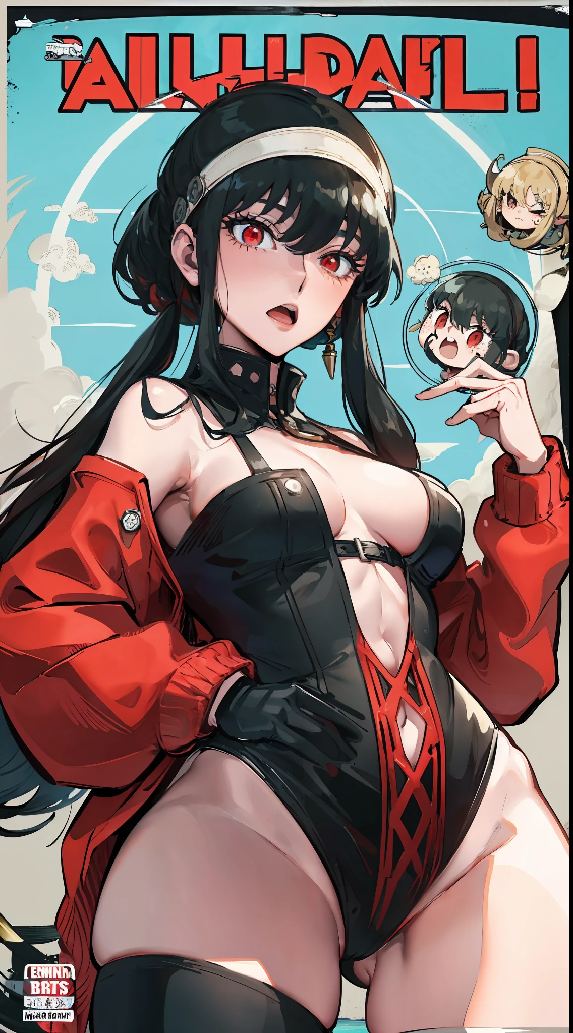 Jörfog,Spy × family role,Red pupils,Black hair,White headband,having fun,Fleshy thighs,Red convertible sweater,Simetall,Chest open,Full muscles,Tall,Ocean park,Simetall,Promotional poster style,Comic cover title