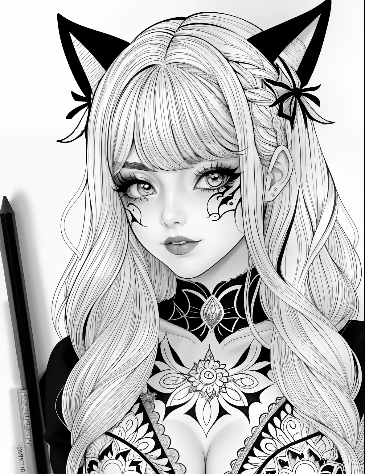 A coloring page with a girl and a cat in a Halloween scene, beautiful witch spooky female, line art colouring page, Retrato de uma jovem bruxa, Bruxa bonita com cabelo longo, black and white coloring, beautiful witch female, coloring book outline, Retrato de uma jovem bruxa, bruxa feminina bonita, clean coloring book page, bela arte de linha, arte vetorial em preto e branco